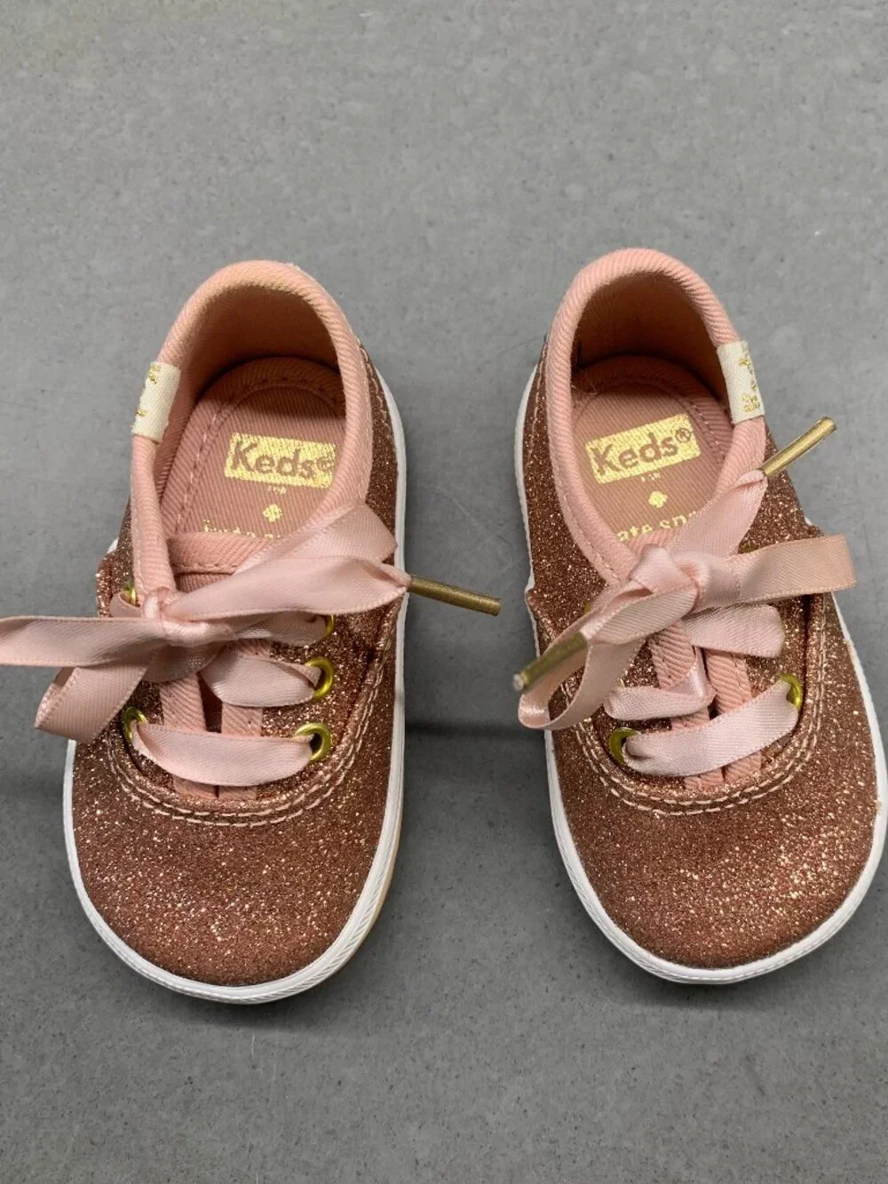 Keds Champion Glitter Crib Shoes Rose Gold Pink Satin Ribbon Size 2M Baby